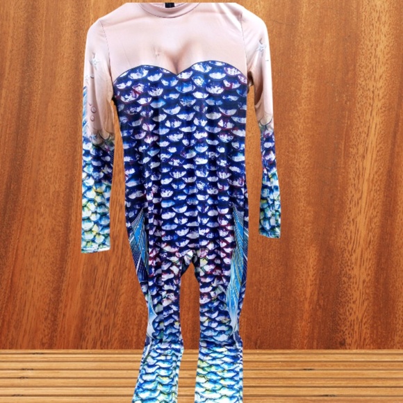 Women's Fish Scale Print Jumpsuit Mermaid Costume Full Length Bodysuit Cos Play - Picture 3 of 4